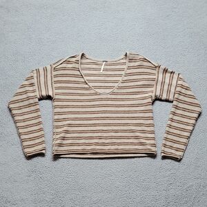 Free People Wpmen's Striped V-Neck Long Sleeve Top in Beige and Brown Size XS